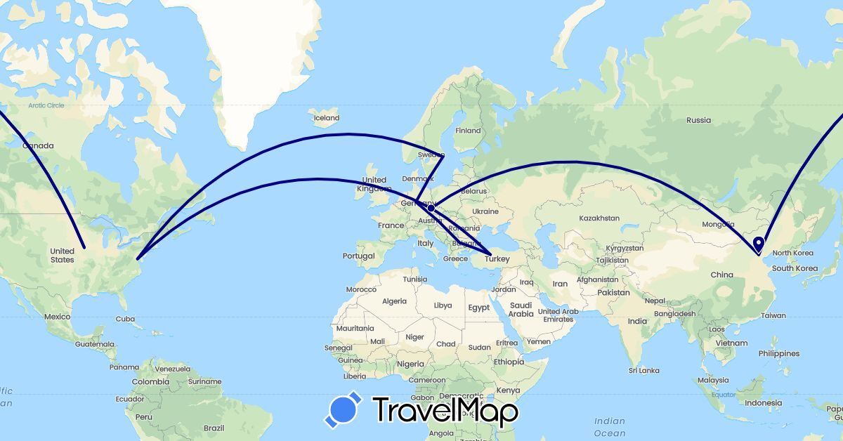 TravelMap itinerary: driving in Bulgaria, China, Czech Republic, Germany, Sweden, Turkey, United States (Asia, Europe, North America)
